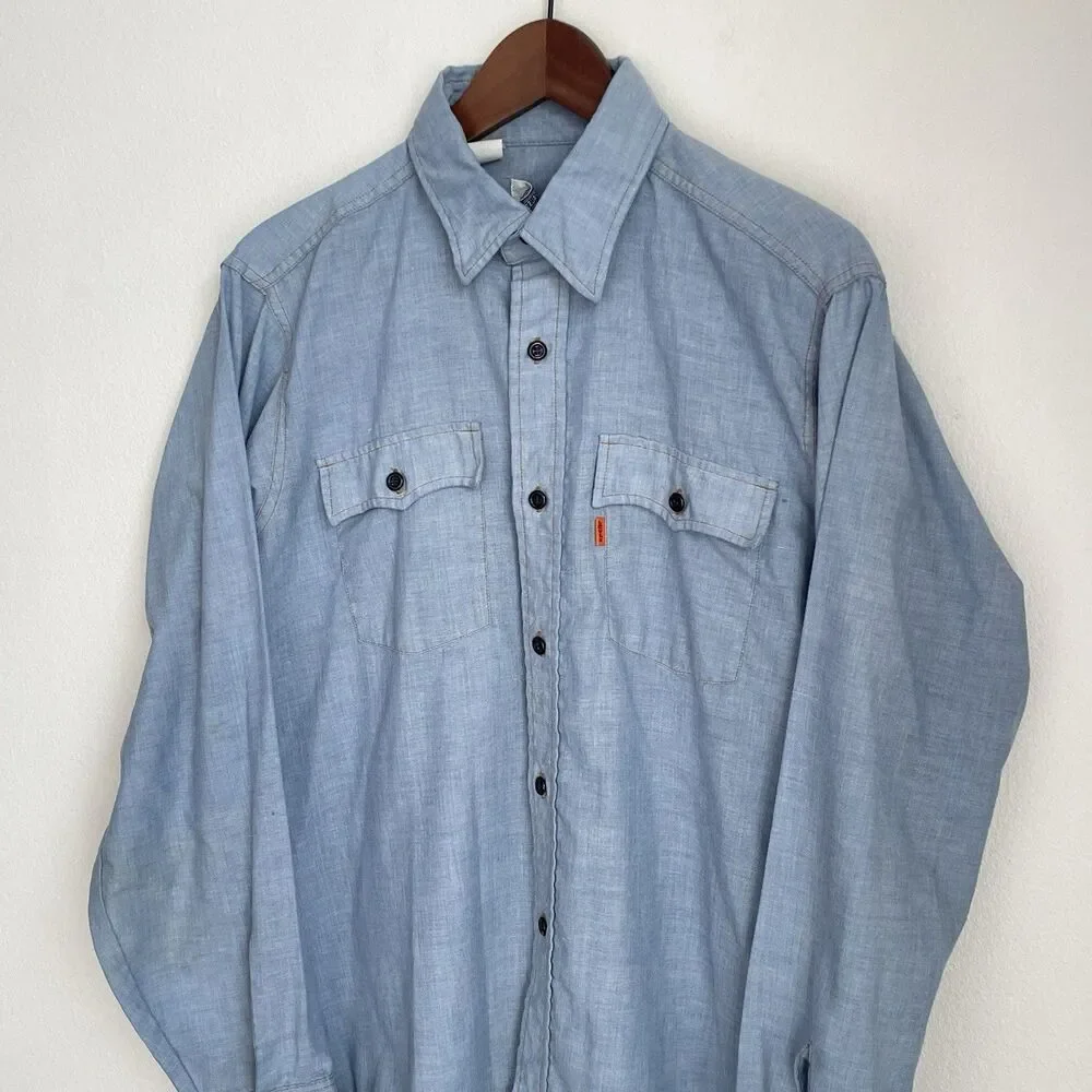 VTG 70s Levi’s Chambray Orange Tab Men’s Work Shirt Sky Blue Cotton Blend Large